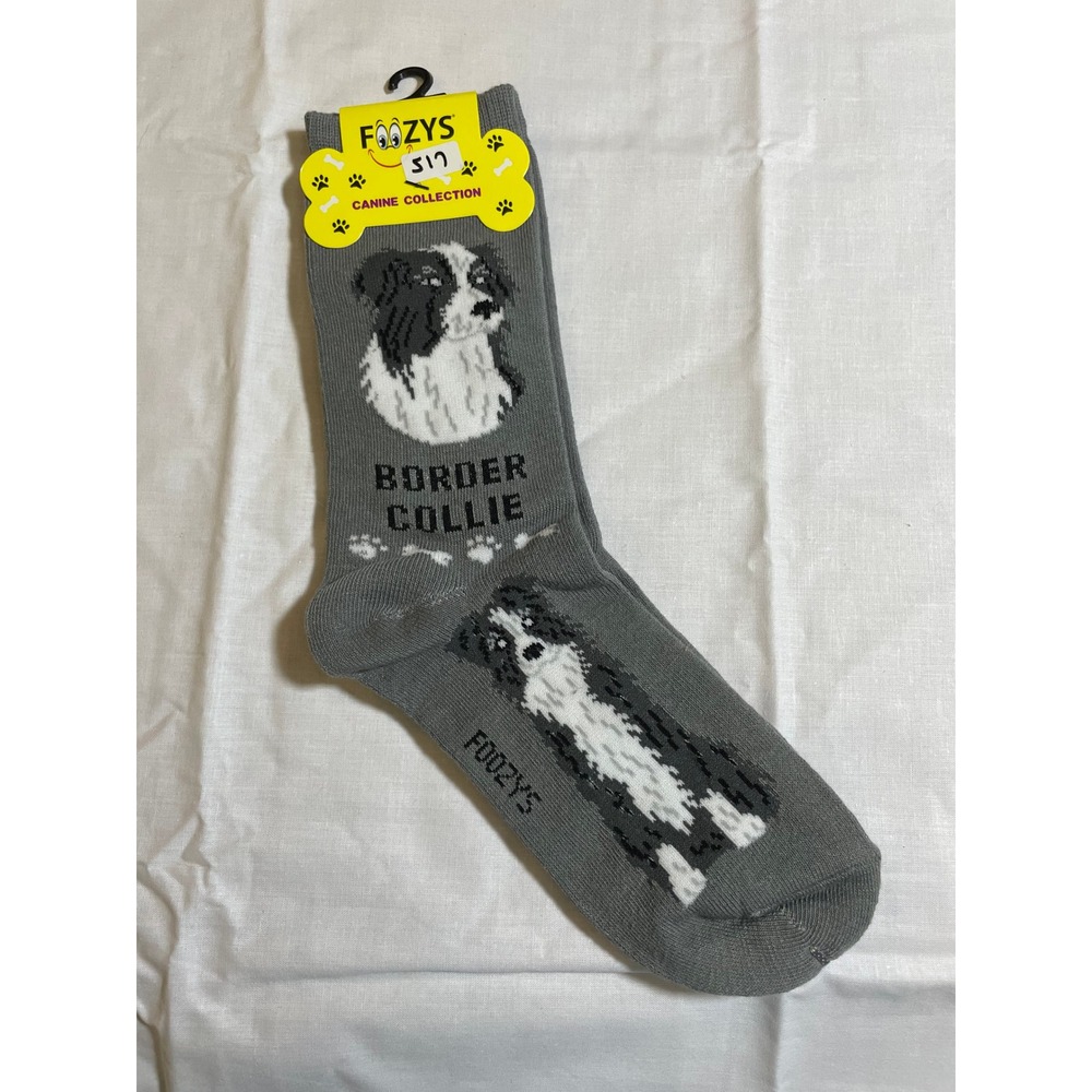 Foozys Crew Socks Womens 9-11 Grey NWT Border Collie Dog Canine Collection